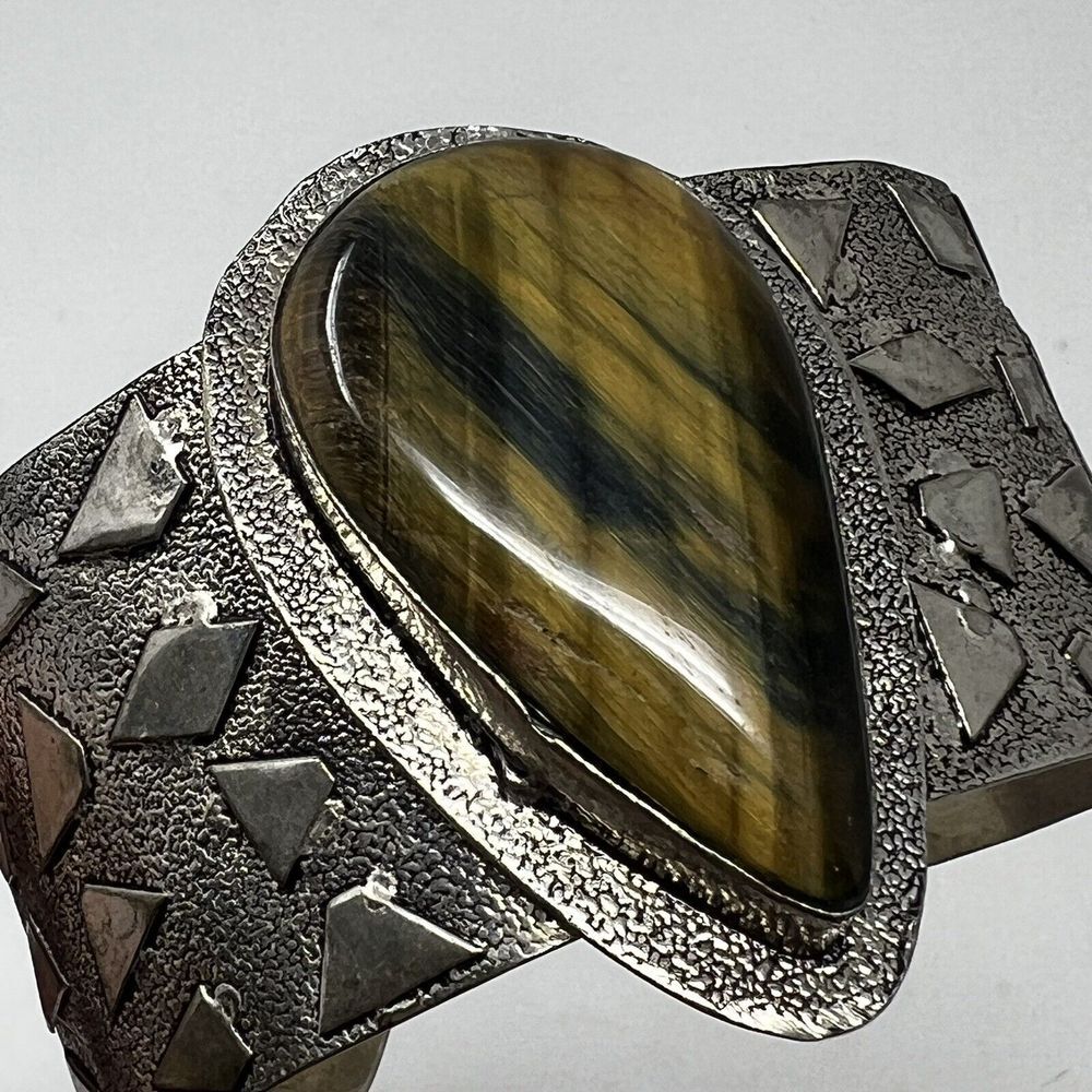 925 Sterling‎ Silver - Vintage Big Tiger's Eye Cuff Bracelet - 54 grams